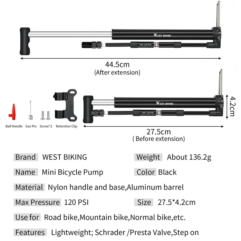 WEST BIKING High-Pressure Mini Bicycle Pump – 120 PSI Lightweight Inflator for Road & Mountain Bikes