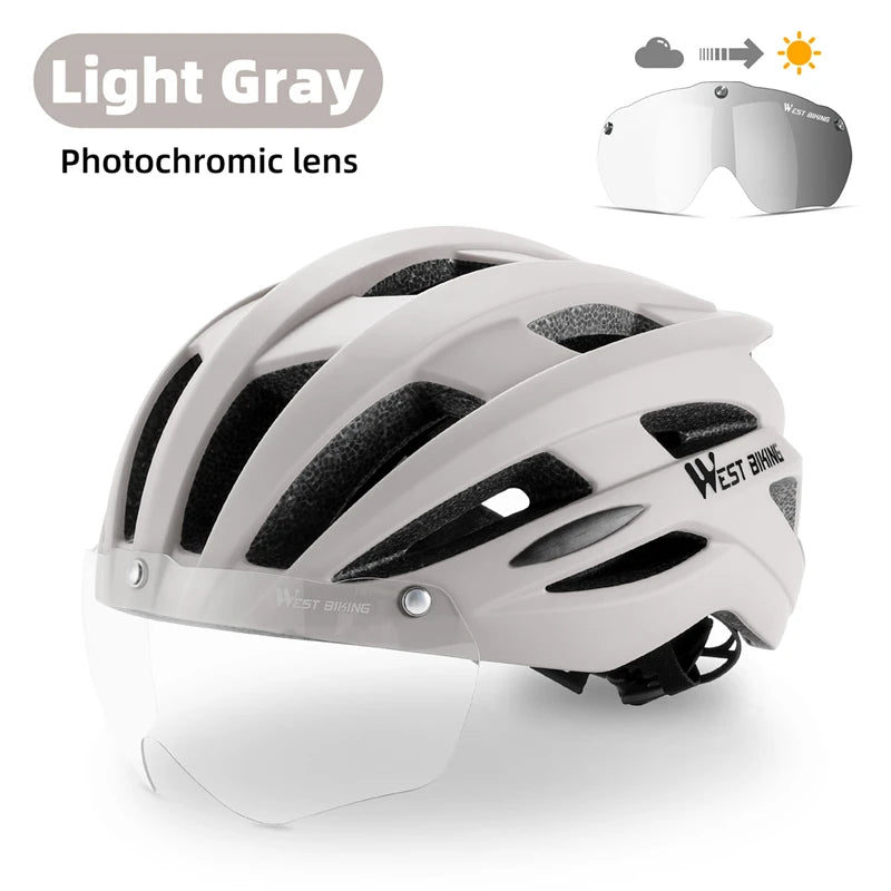 WEST BIKING MTB & Road Bike Helmet – LED Taillight, Photochromic Magnetic Goggles & Breathable Ventilation