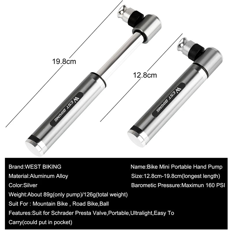 WEST BIKING Mini Hand Pump – Ultralight, High-Pressure & Universal for MTB & Road Bikes