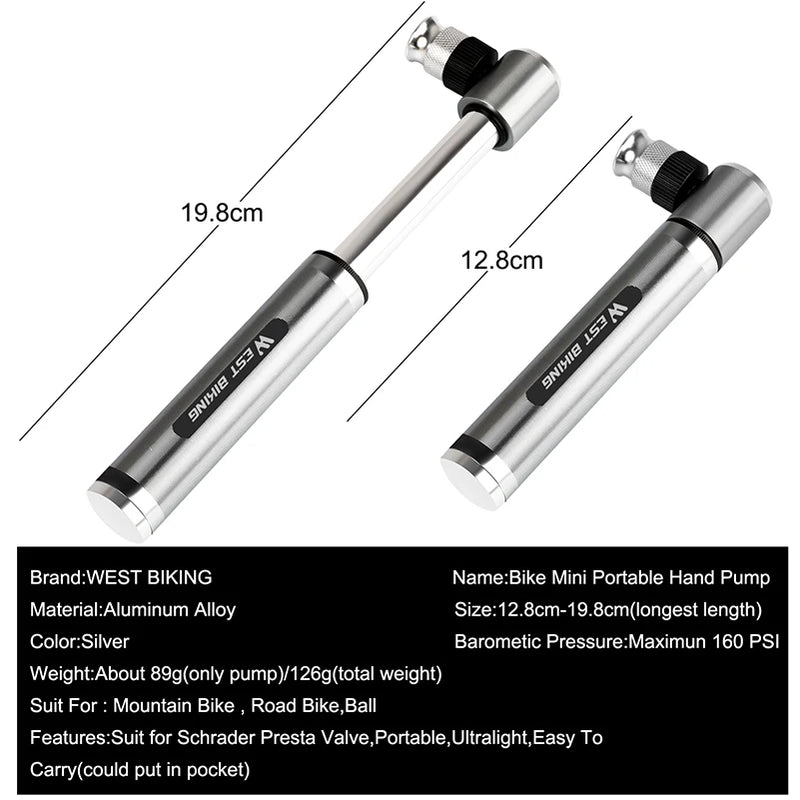WEST BIKING Mini Hand Pump – Ultralight, High-Pressure & Universal for MTB & Road Bikes