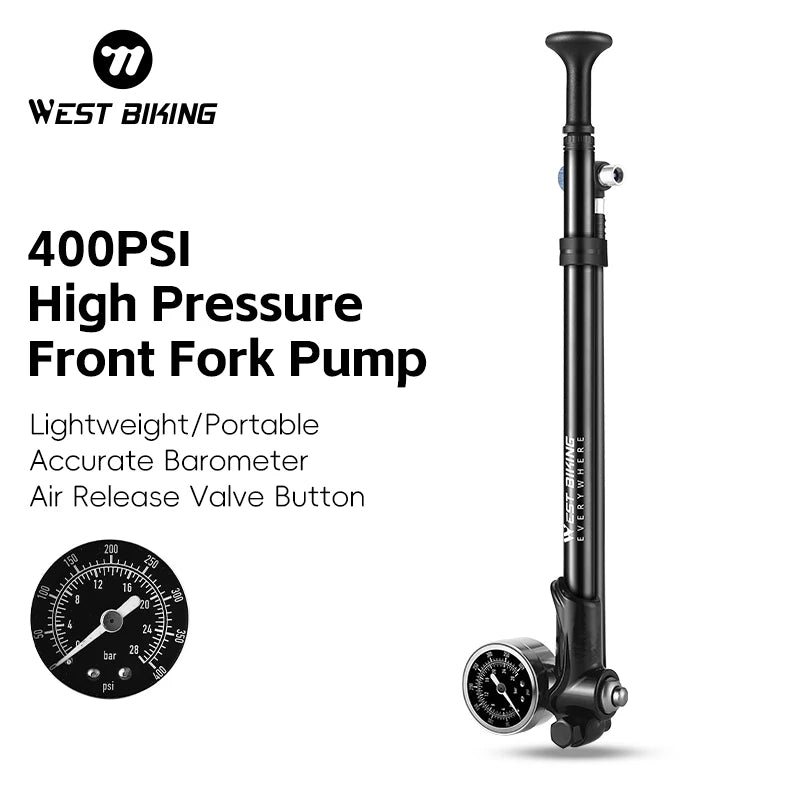 WEST BIKING High-Pressure Front Fork Bicycle Pump – Durable 300PSI/400PSI Inflator with Schrader Valve and Gauge