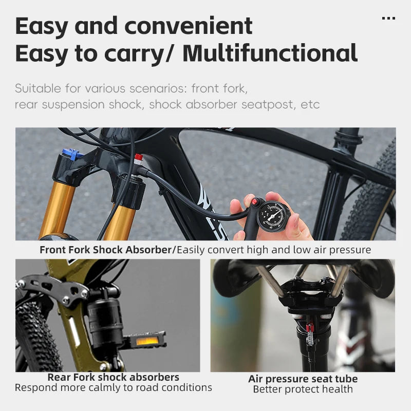WEST BIKING High-Pressure Front Fork Bicycle Pump – Durable 300PSI/400PSI Inflator with Schrader Valve and Gauge