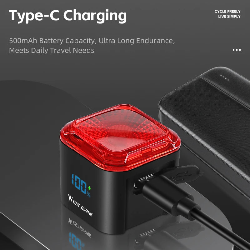 WEST BIKING Smart Brake-Sensing Taillight – Auto Start/Stop, Digital Power Display & Long-Endurance Battery