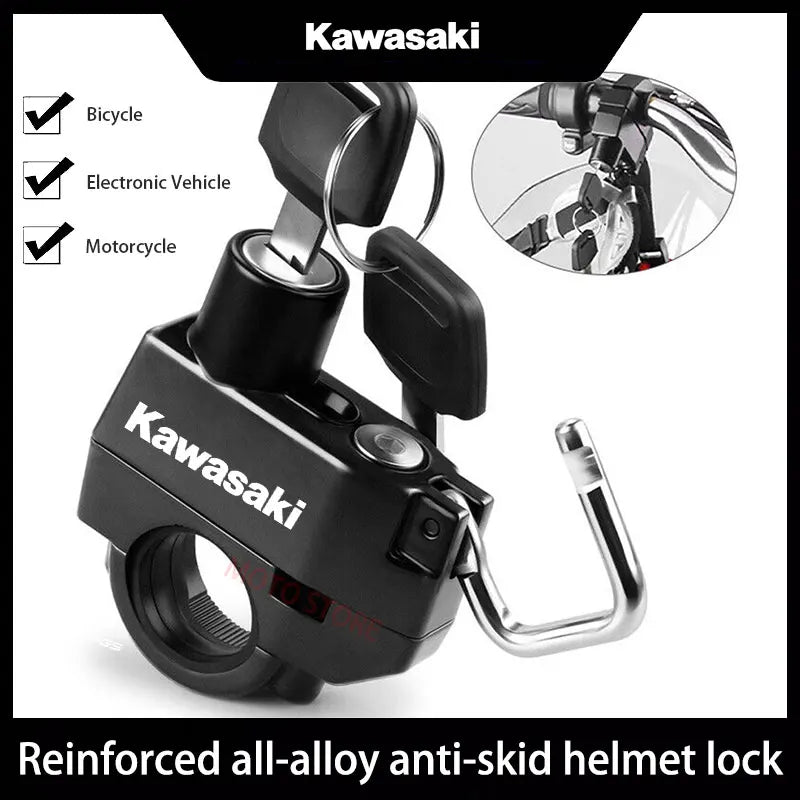Kawasaki Universal Motorcycle Helmet Lock – Anti-Theft, Handlebar Mount & Heavy-Duty Aluminum Alloy Security