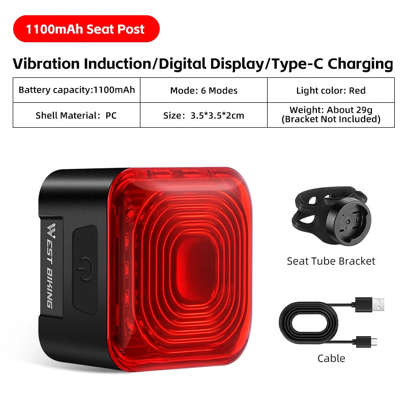 WEST BIKING Smart Brake-Sensing Taillight – Auto Start/Stop, Digital Power Display & Long-Endurance Battery