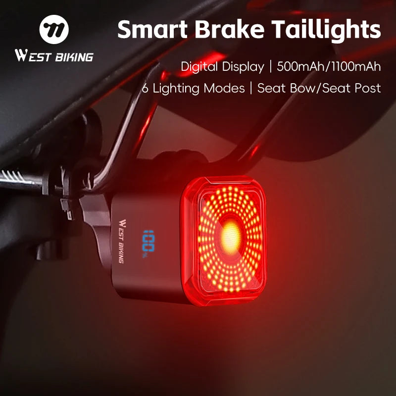 WEST BIKING Smart Brake-Sensing Taillight – Auto Start/Stop, Digital Power Display & Long-Endurance Battery