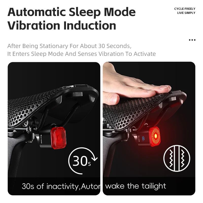WEST BIKING Smart Brake-Sensing Taillight – Auto Start/Stop, Digital Power Display & Long-Endurance Battery