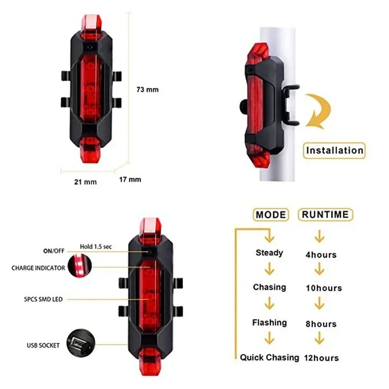 Bicycle Rear LED Light – USB Rechargeable, Waterproof Tail Lamp for MTB & Road Bikes