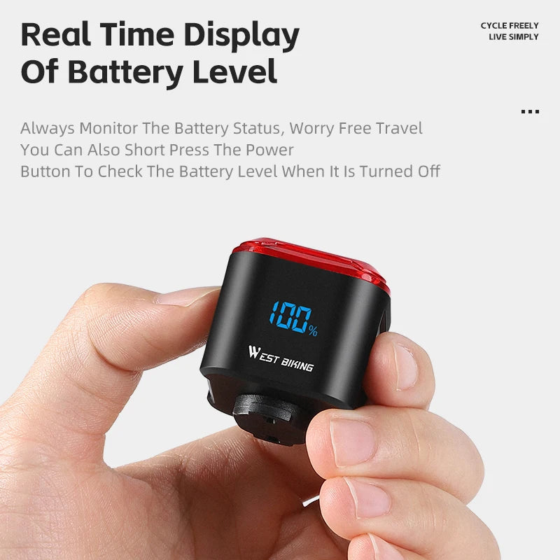 WEST BIKING Smart Brake-Sensing Taillight – Auto Start/Stop, Digital Power Display & Long-Endurance Battery