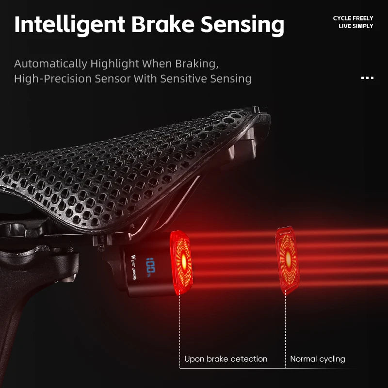 WEST BIKING Smart Brake-Sensing Taillight – Auto Start/Stop, Digital Power Display & Long-Endurance Battery