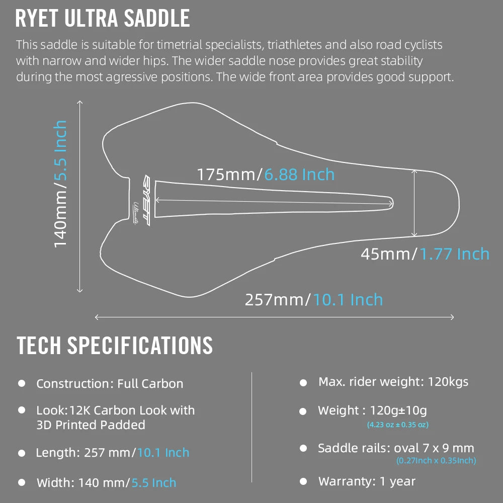 RYET Carbon 3D Printed Saddle – Ultralight & Ergonomic for Road & MTB