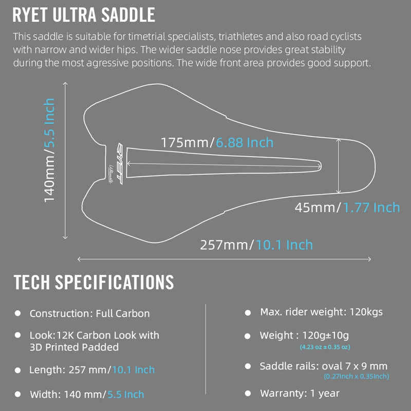 RYET Carbon 3D Printed Saddle – Ultralight & Ergonomic for Road & MTB