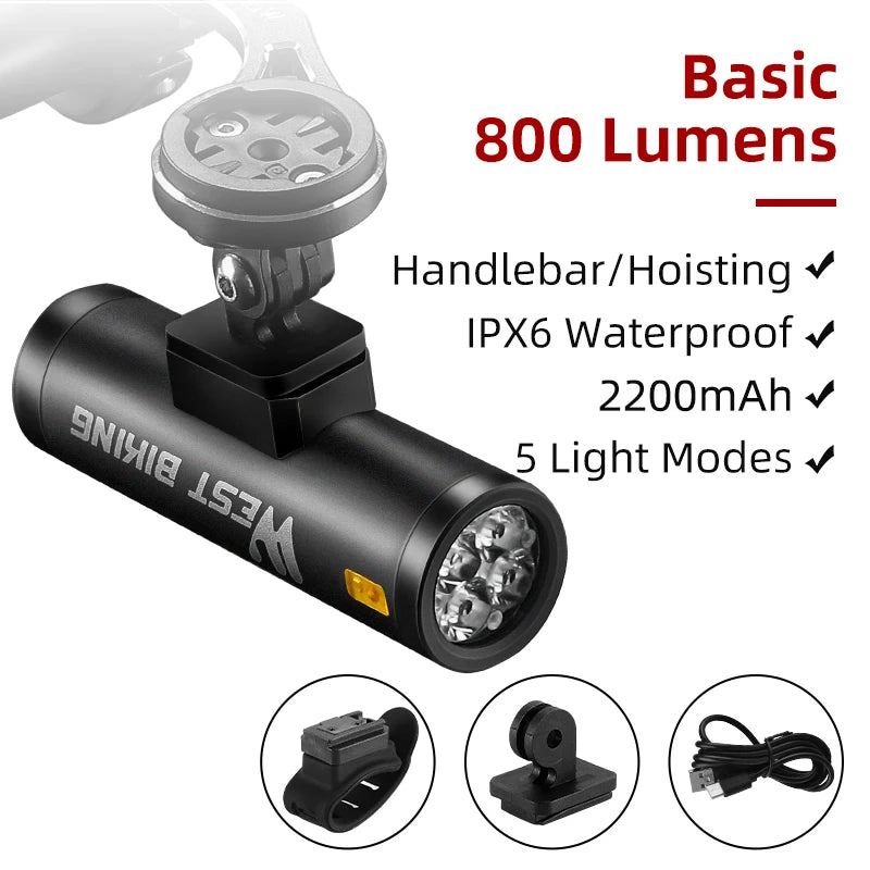 WEST BIKING IPX6 Waterproof Bicycle Headlight – High-Brightness, Rechargeable & Durable Aluminum Alloy Build