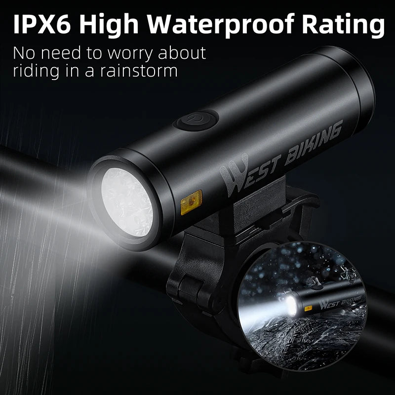 WEST BIKING IPX6 Waterproof Bicycle Headlight – High-Brightness, Rechargeable & Durable Aluminum Alloy Build