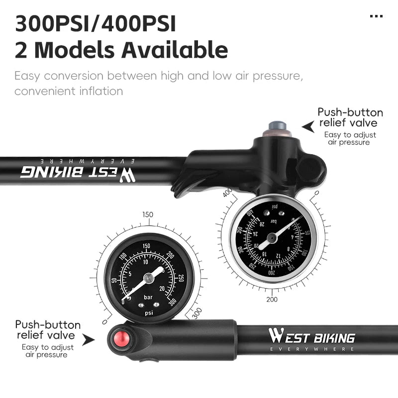 WEST BIKING High-Pressure Front Fork Bicycle Pump – Durable 300PSI/400PSI Inflator with Schrader Valve and Gauge
