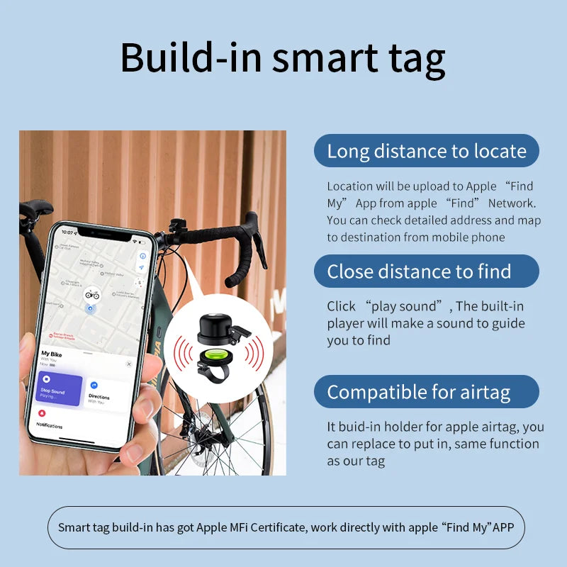 Copper Bike Bell with Real-Time GPS Tracker – Anti-Theft, Waterproof & Compatible with Apple Find My