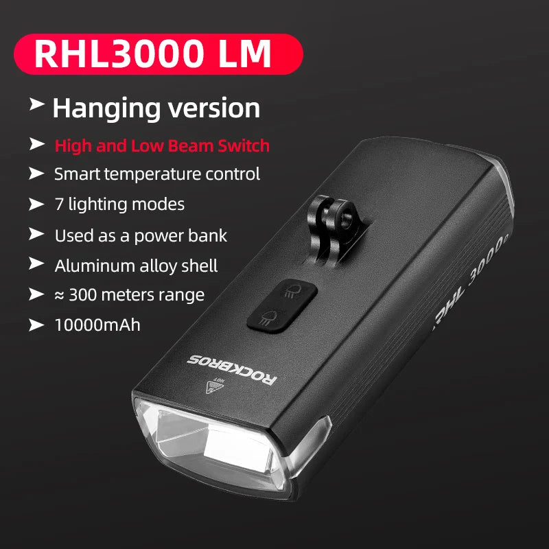 ROCKBROS 3000LM Bicycle Front Light 10000mAh Rechargeable Bike Headlight with Type-C Charging