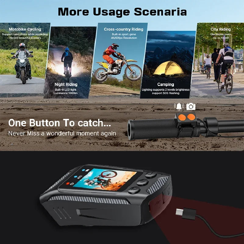 LEEDOAR 3-in-1 4K Bike Helmet Camera – Action Cam, Flashlight & Horn for Cycling, Motorcycles & Extreme Sports