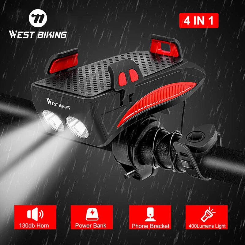 WEST BIKING Multi-Function Bicycle Front Light – 4-in-1 USB Rechargeable Flashlight & Phone Holder