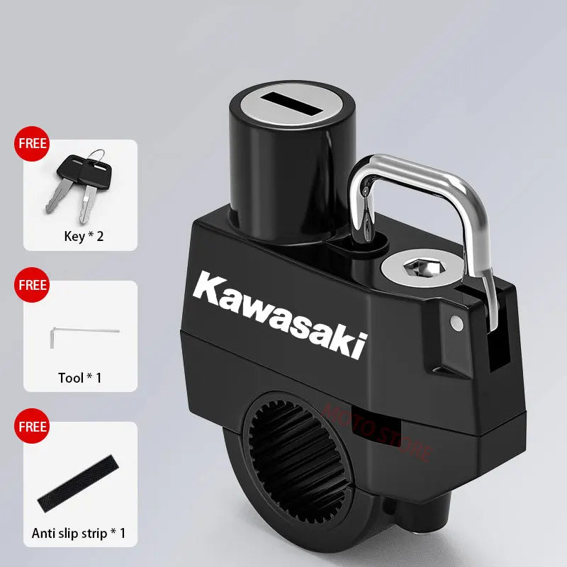 Kawasaki Universal Motorcycle Helmet Lock – Anti-Theft, Handlebar Mount & Heavy-Duty Aluminum Alloy Security