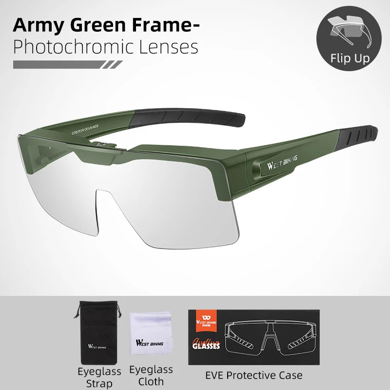 WEST BIKING Photochromic Cycling Sunglasses – Flip-Up, Polarized & Night Vision Lenses for MTB & Road Cycling