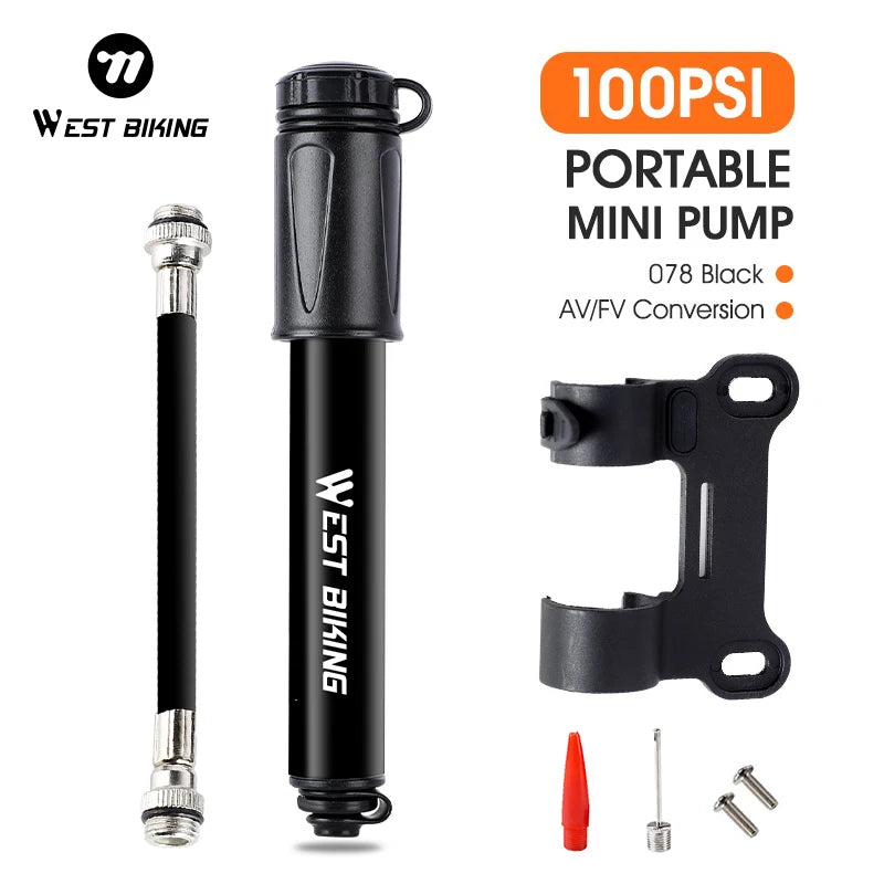 WEST BIKING Ultra-Light Mini Bike Pump – 100 PSI High-Pressure, Portable & Compatible with Schrader & Presta Valves