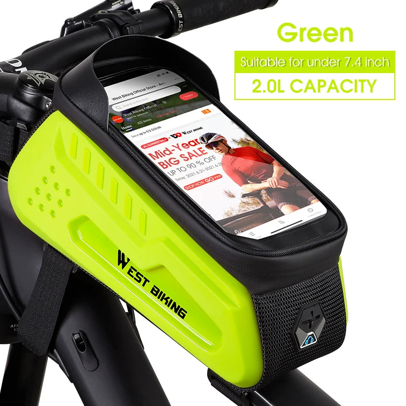 WEST BIKING Waterproof Bicycle Frame Bag – Touchscreen-Compatible Phone Case for MTB & Road Cycling