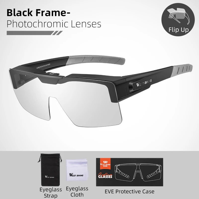 WEST BIKING Photochromic Cycling Sunglasses – Flip-Up, Polarized & Night Vision Lenses for MTB & Road Cycling