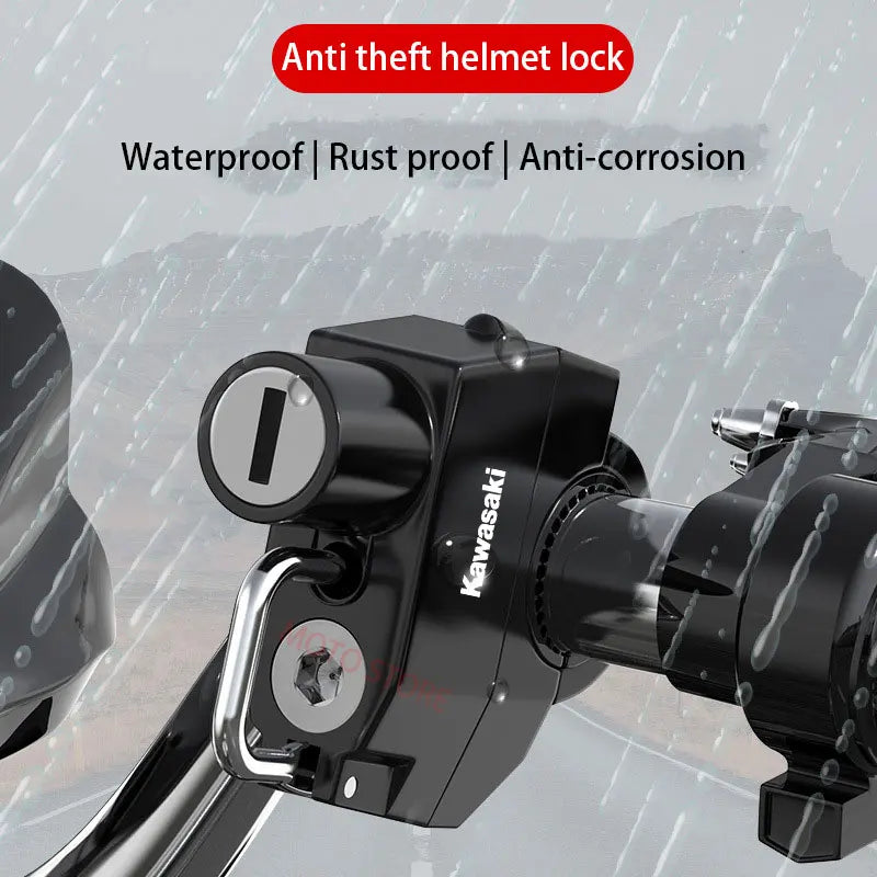 Kawasaki Universal Motorcycle Helmet Lock – Anti-Theft, Handlebar Mount & Heavy-Duty Aluminum Alloy Security