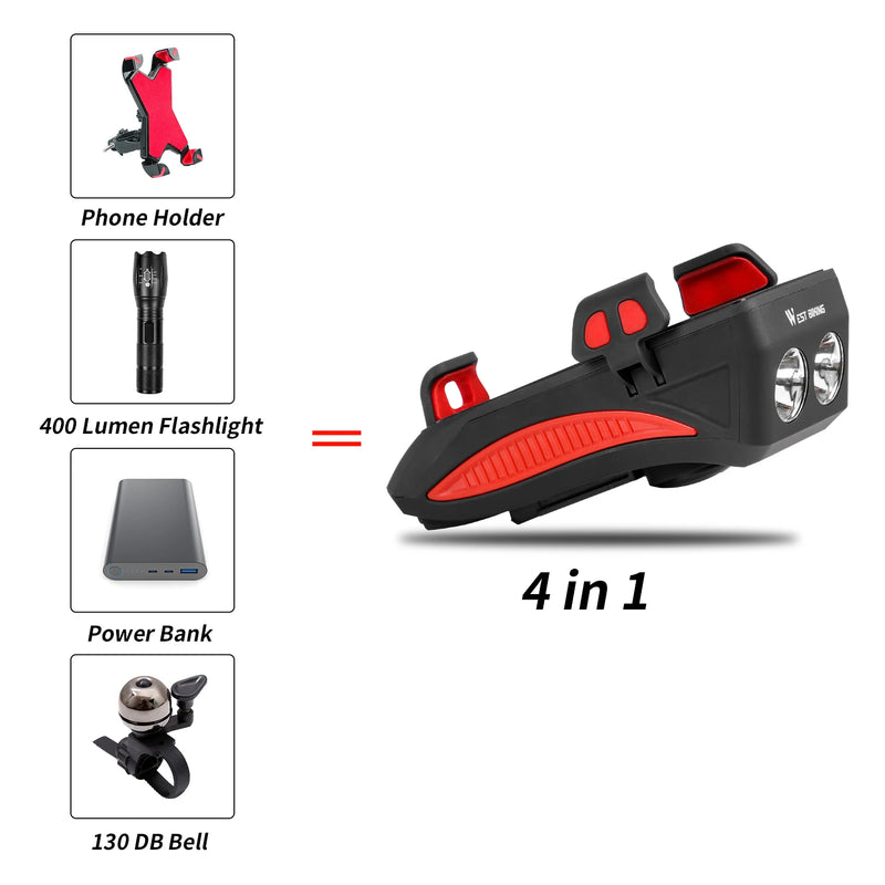 WEST BIKING Multi-Function Bicycle Front Light – 4-in-1 USB Rechargeable Flashlight & Phone Holder
