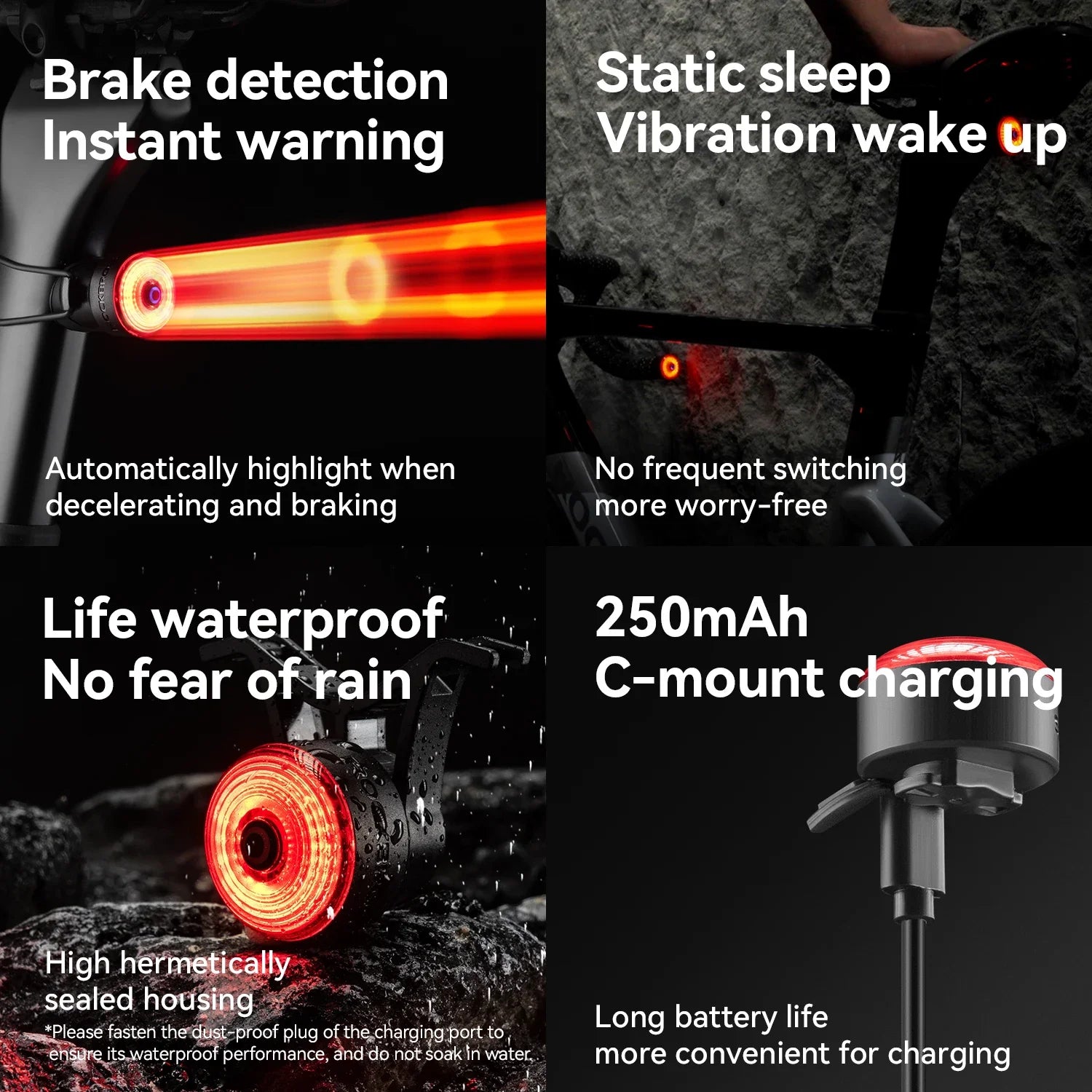ROCKBROS Bicycle Handlebar End Lights – IPX6 Waterproof Rear Light with Intelligent Brake Sensor