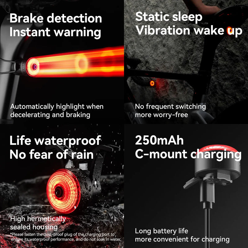 ROCKBROS Bicycle Handlebar End Lights – IPX6 Waterproof Rear Light with Intelligent Brake Sensor