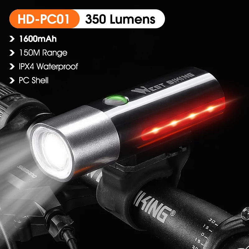 WEST BIKING USB Rechargeable Bicycle Front Light – High-Brightness LED Headlight for MTB & Road Cycling