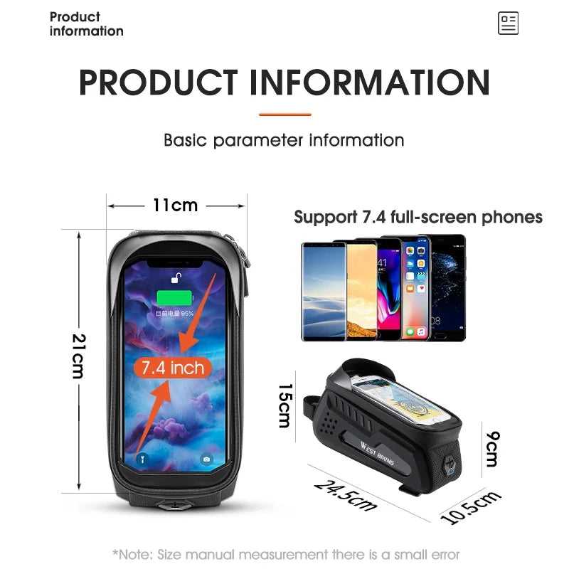 WEST BIKING Waterproof Bicycle Frame Bag – Touchscreen-Compatible Phone Case for MTB & Road Cycling
