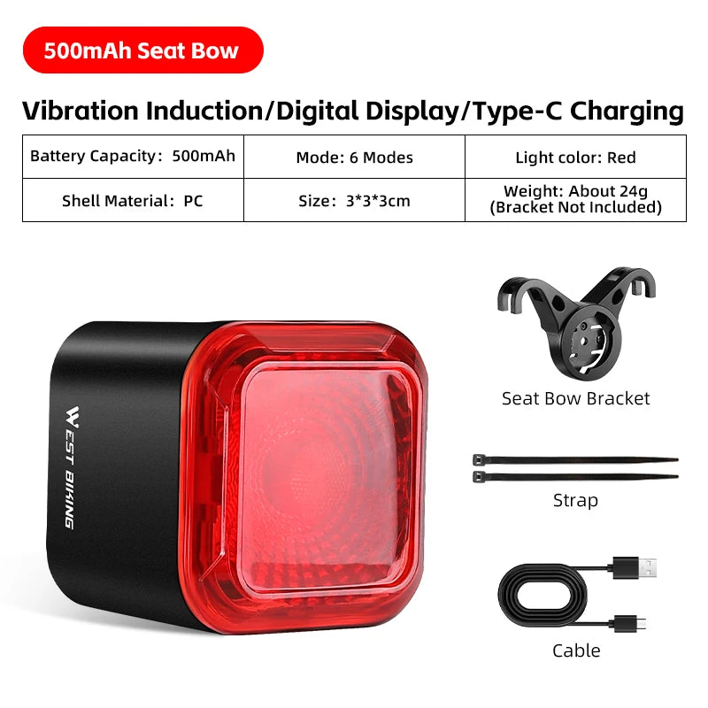WEST BIKING Smart Brake-Sensing Taillight – Auto Start/Stop, Digital Power Display & Long-Endurance Battery