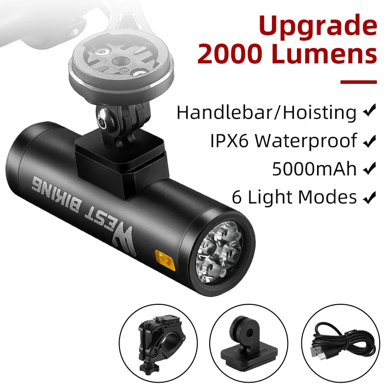 WEST BIKING IPX6 Waterproof Bicycle Headlight – High-Brightness, Rechargeable & Durable Aluminum Alloy Build