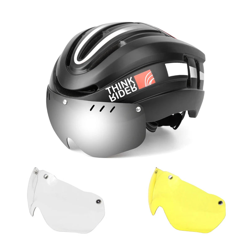 ThinkRider Cycling Helmet – LED Taillight, Magnetic Goggles & Shockproof Protection for MTB & Road Cycling